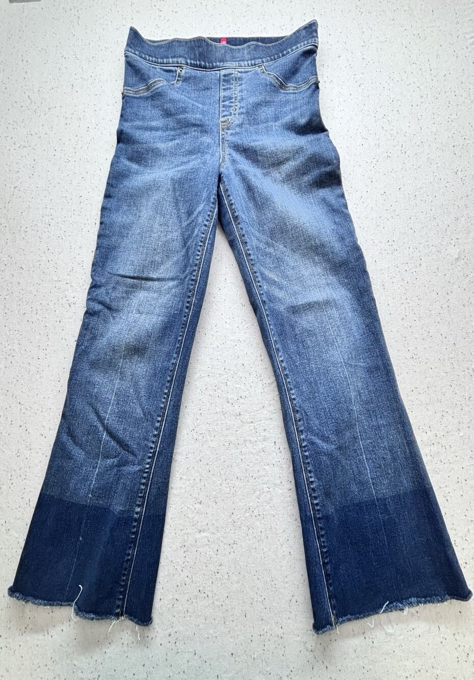 SPANX Dip Dye Crop Flare Jeans S Small Blue High Rise Raw Hem Stretch Pull On